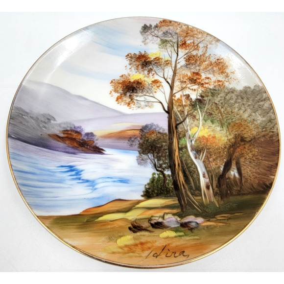 Two UCAGCO China Hand Painted Landscape Plates Gold Trim Japan 1950s Signed Art - Picture 7 of 10